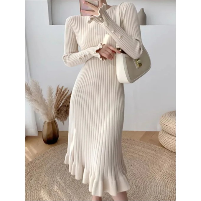 Fashion Sexy Elegant Knit Sweater Dress Slim Flared Midi Dress