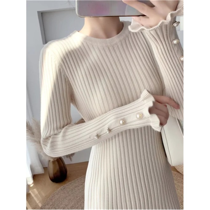 Fashion Sexy Elegant Knit Sweater Dress Slim Flared Midi Dress