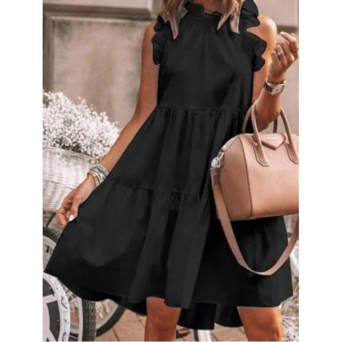 Fashion Sweet Solid Patchwork Flounce O Neck A Line Dresses