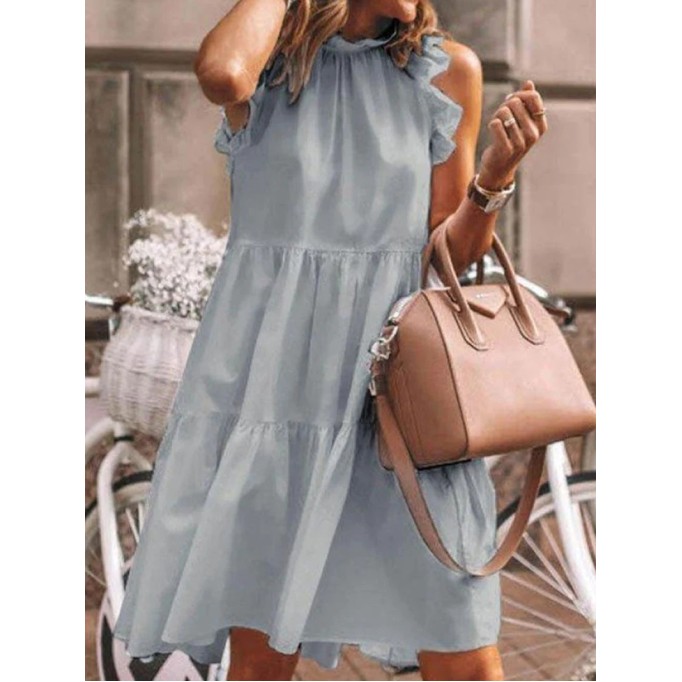 Fashion Sweet Solid Patchwork Flounce O Neck A Line Dresses