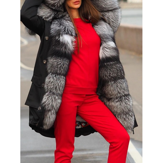 Fashionable fur collar patchwork coat