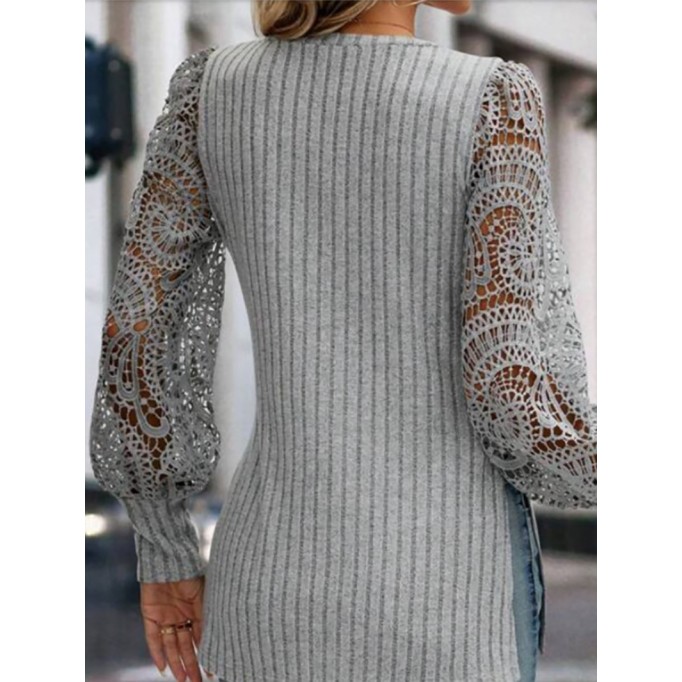 Fashionable round neck long sleeve lace patchwork top