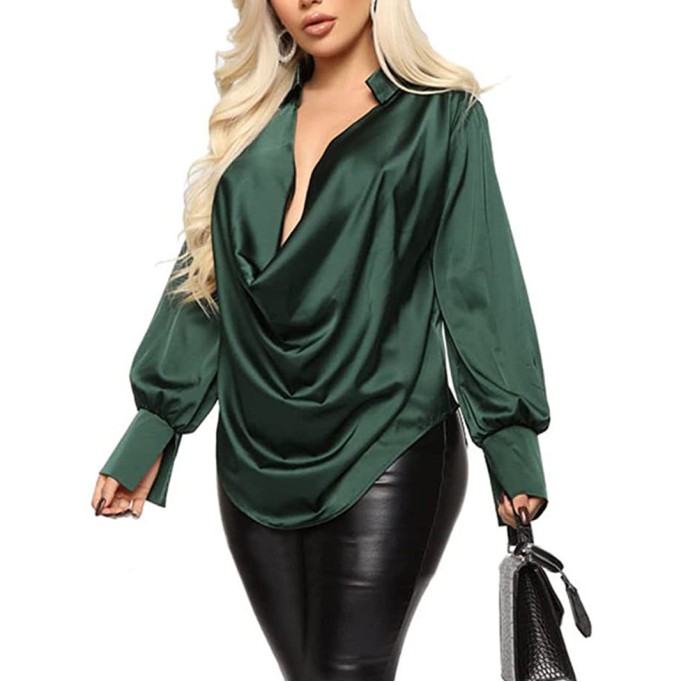 Fashionable temperament long sleeved deep V-neck satin top