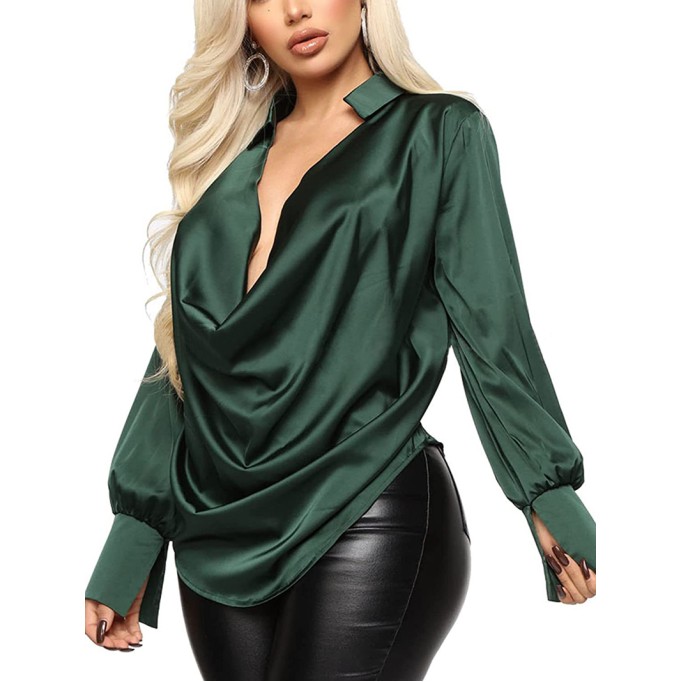 Fashionable temperament long sleeved deep V-neck satin top