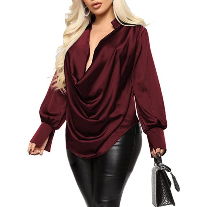 Fashionable temperament long sleeved deep V-neck satin top