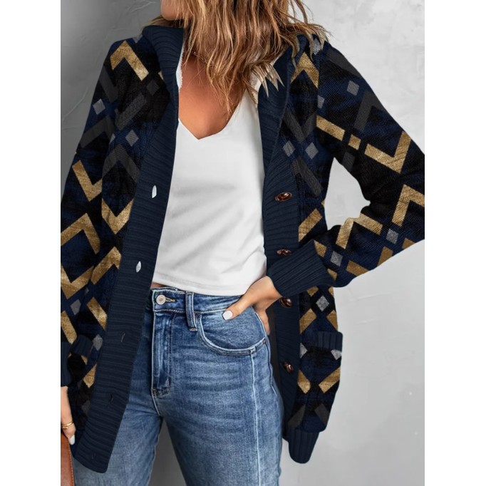 Fleece vintage geometric print hooded sweater cardigan