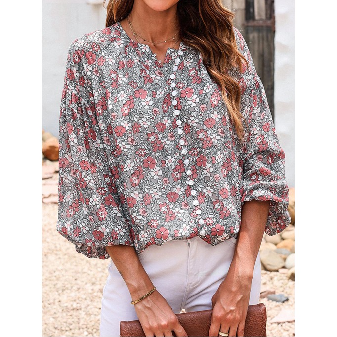 FLORAL BUTTON ROUND NECK SHEATH  CASUAL  SHIRTS