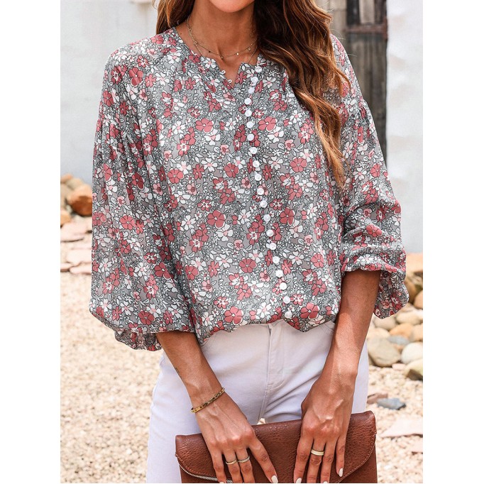 FLORAL BUTTON ROUND NECK SHEATH  CASUAL  SHIRTS