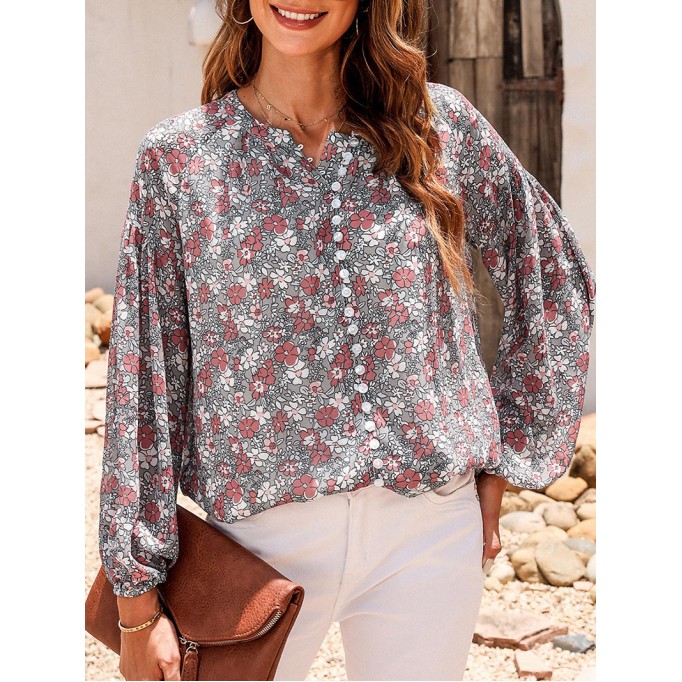 FLORAL BUTTON ROUND NECK SHEATH  CASUAL  SHIRTS