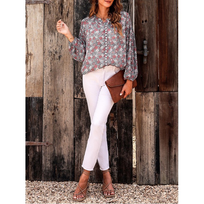 FLORAL BUTTON ROUND NECK SHEATH  CASUAL  SHIRTS