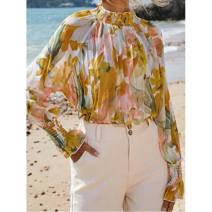 FLORAL DECORATION STAND NECK SHIFT ELEGANT  BLOUSE