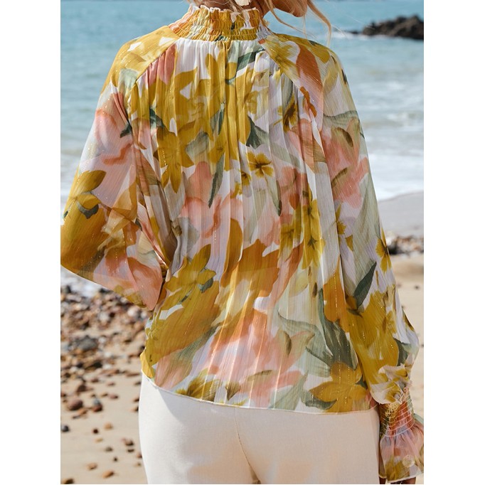 FLORAL DECORATION STAND NECK SHIFT ELEGANT  BLOUSE