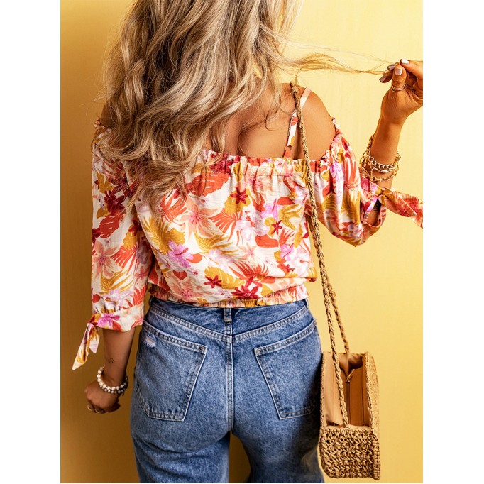 FLORAL KNOT PLEATED SHIRRED OFF THE SHOULDER SHEATH CASUAL BLOUSE