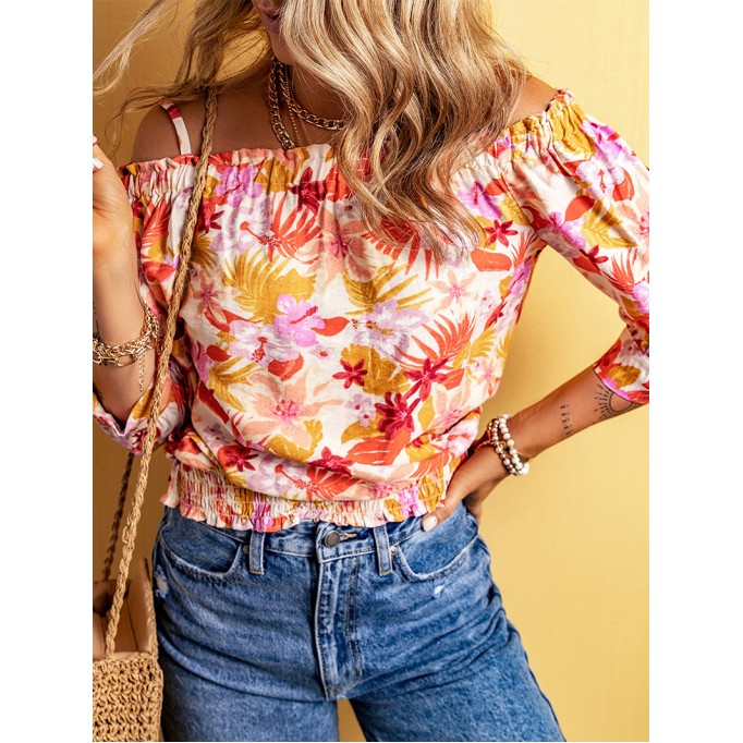 FLORAL KNOT PLEATED SHIRRED OFF THE SHOULDER SHEATH CASUAL BLOUSE