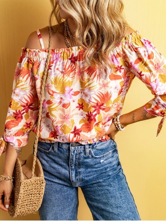 FLORAL KNOT PLEATED SHIRRED OFF THE SHOULDER SHEATH CASUAL BLOUSE