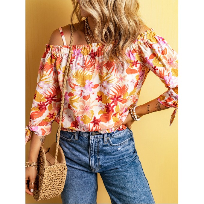 FLORAL KNOT PLEATED SHIRRED OFF THE SHOULDER SHEATH CASUAL BLOUSE