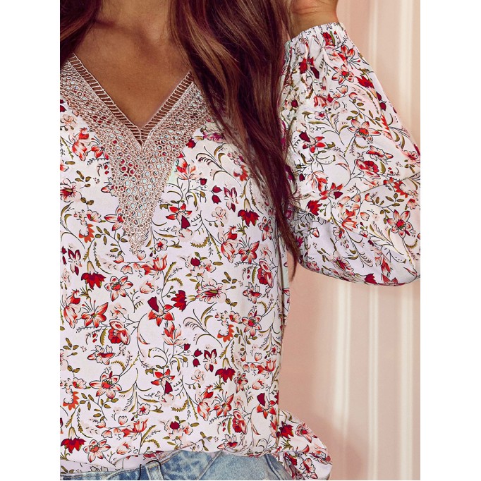 FLORAL LACE V NECK SHIFT CASUAL BLOUSE