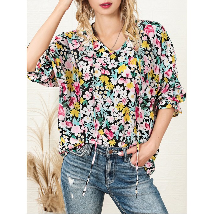 FLORAL NOTCHED V-NECK PUFF SLEEVE BLOUSE