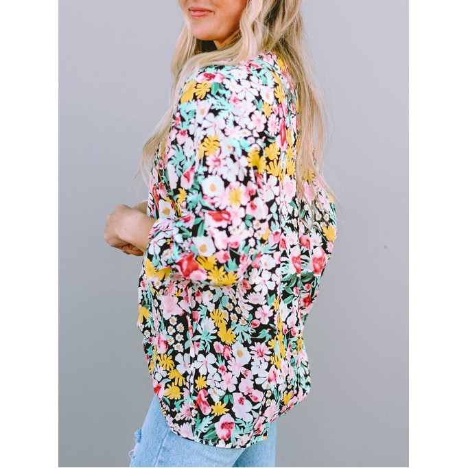 FLORAL NOTCHED V-NECK PUFF SLEEVE BLOUSE