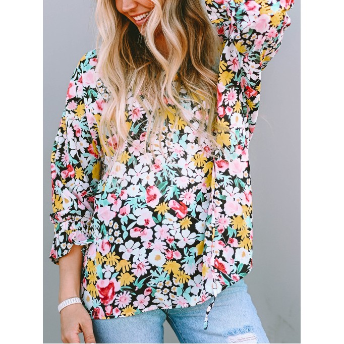 FLORAL NOTCHED V-NECK PUFF SLEEVE BLOUSE