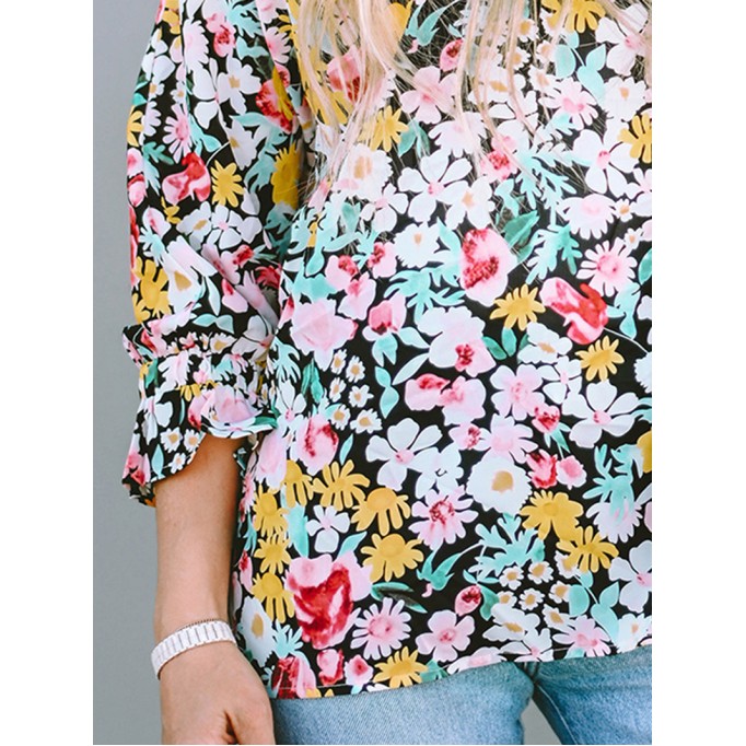 FLORAL NOTCHED V-NECK PUFF SLEEVE BLOUSE