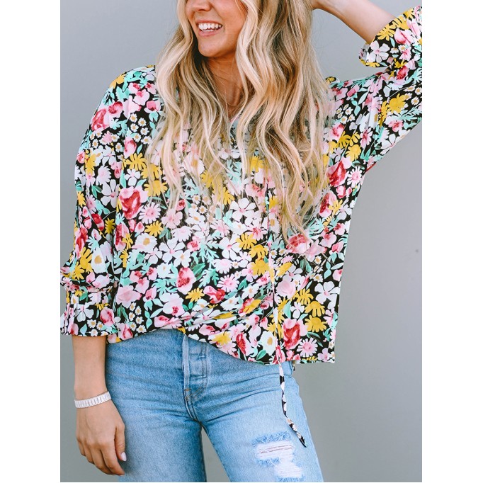 FLORAL NOTCHED V-NECK PUFF SLEEVE BLOUSE