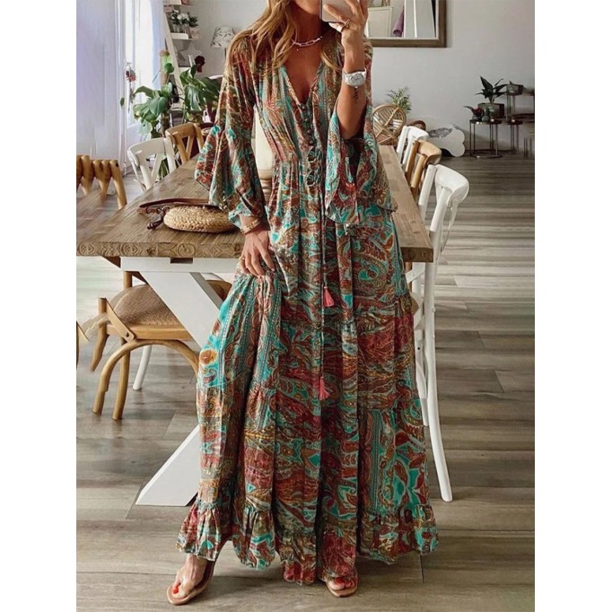 Floral Patchwork V Neck A Line Dresses