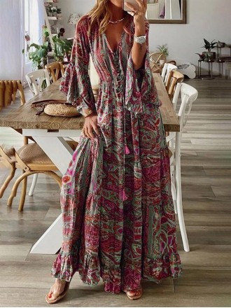 Floral Patchwork V Neck A Line Dresses