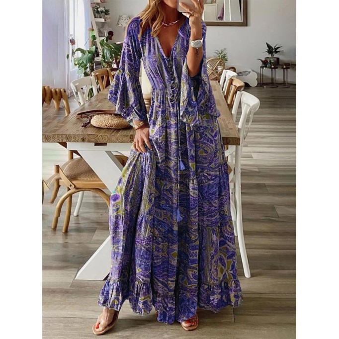 Floral Patchwork V Neck A Line Dresses