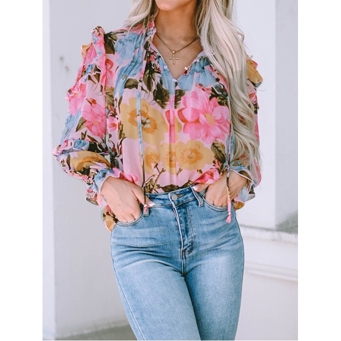 FLORAL PLEATED V NECK SHIFT CASUAL ELEGANT BLOUSE