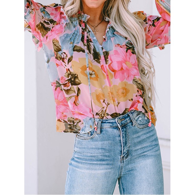 FLORAL PLEATED V NECK SHIFT CASUAL ELEGANT BLOUSE