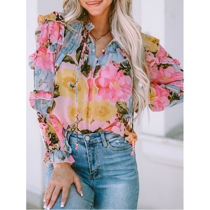 FLORAL PLEATED V NECK SHIFT CASUAL ELEGANT BLOUSE