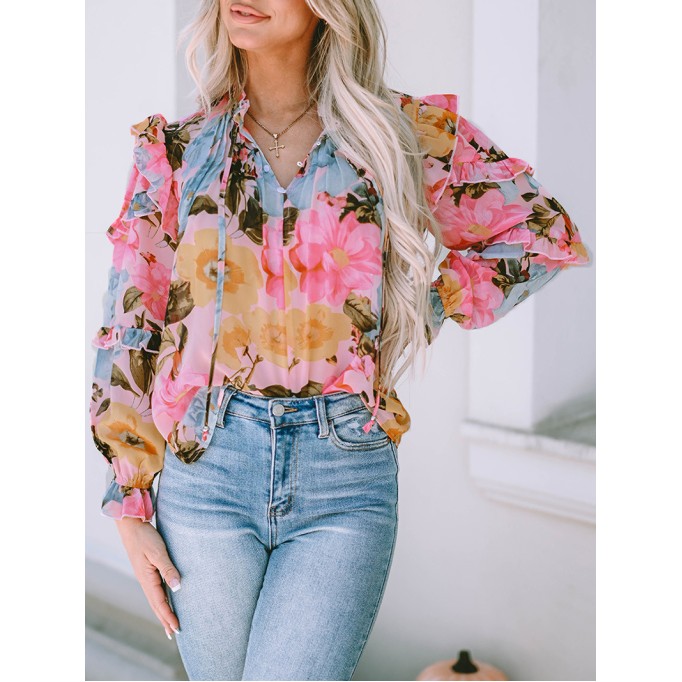 FLORAL PLEATED V NECK SHIFT CASUAL ELEGANT BLOUSE