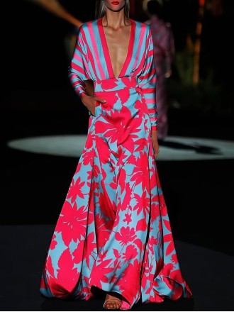 Floral Print Deep V-Neck Long Sleeve Floor Length Dress