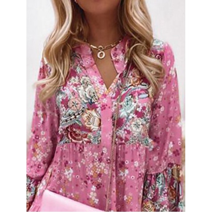 Floral Ruffle Smocked Print V Neck Casual Flare Cuff Sleeve Mini Dress