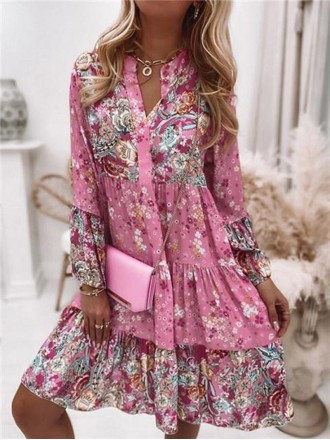 Floral Ruffle Smocked Print V Neck Casual Flare Cuff Sleeve Mini Dress