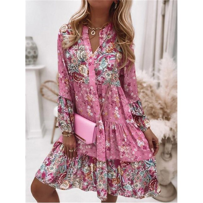 Floral Ruffle Smocked Print V Neck Casual Flare Cuff Sleeve Mini Dress