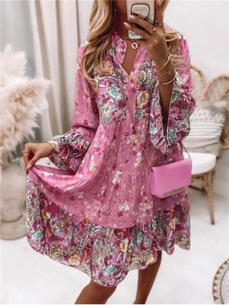 Floral Ruffle Smocked Print V Neck Casual Flare Cuff Sleeve Mini Dress