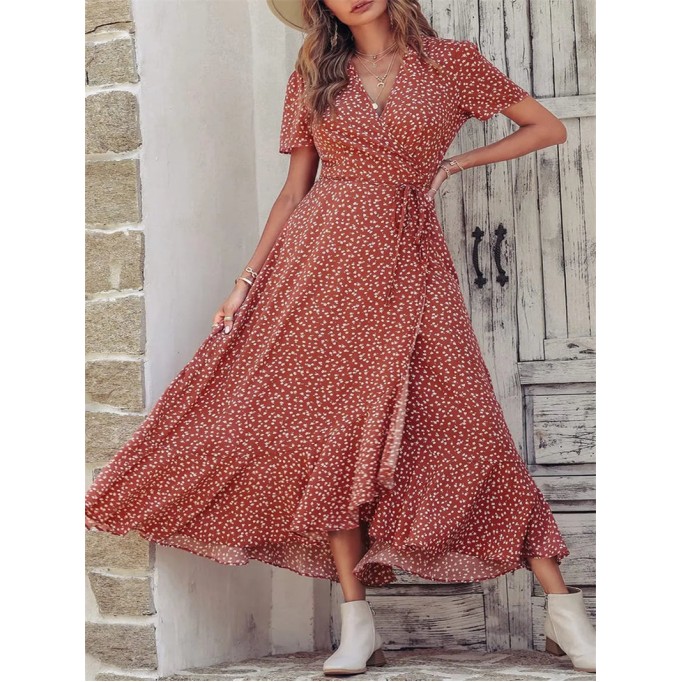 Floral V Neck Short Sleeve Long Dresses