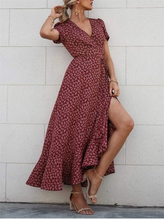 Floral V Neck Short Sleeve Long Dresses