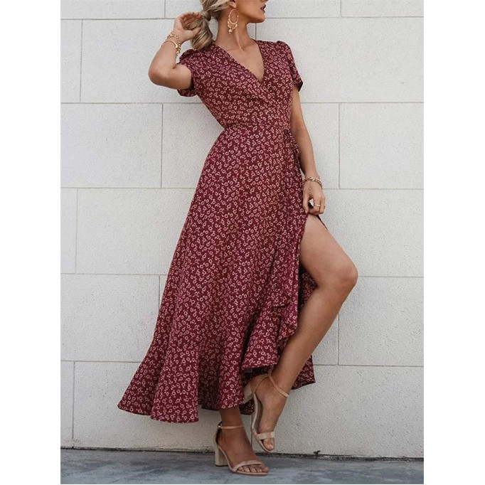 Floral V Neck Short Sleeve Long Dresses