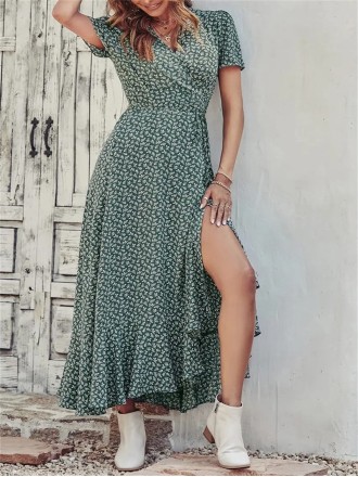 Floral V Neck Short Sleeve Long Dresses