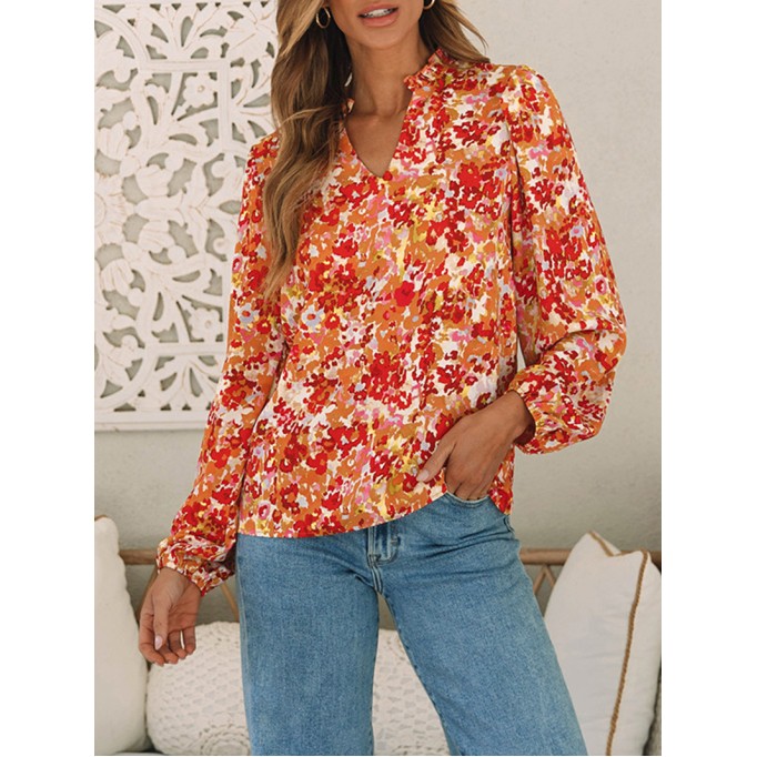 FLORAL V-NECK WOOD EAR HEM CASUAL SHIRT