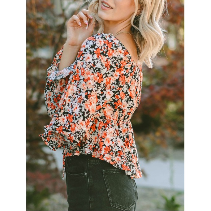 Flower pattern lace up casual top