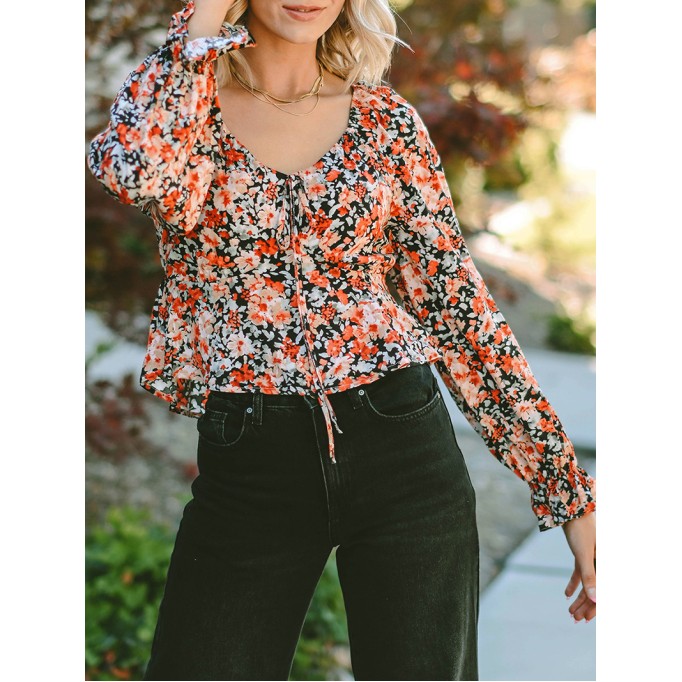 Flower pattern lace up casual top