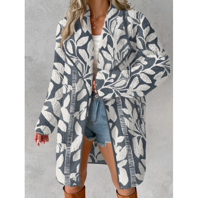 Gray elegant women's lapel color matching fleece coat