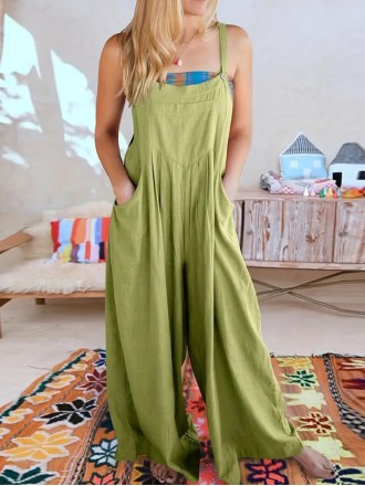 Green cotton and linen loose romper overalls