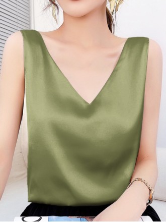 Green satin V-neck tank top