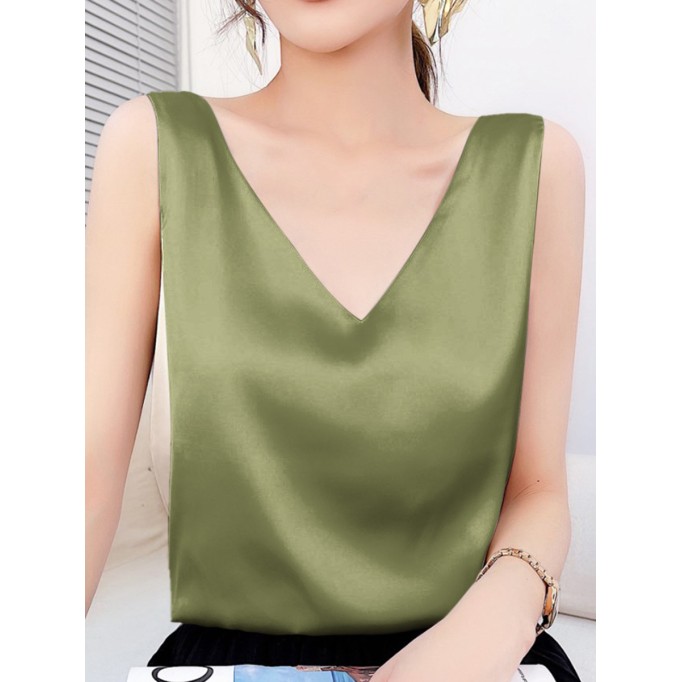 Green satin V-neck tank top