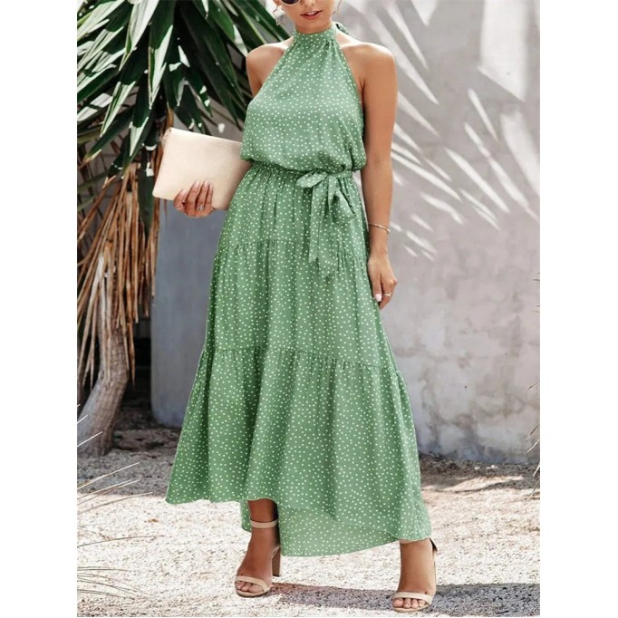 Halter Neck Floral Backless Loose Ruffle Maxi Dress